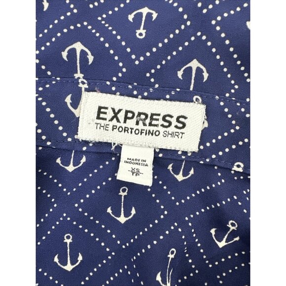 Express Portofino Shirt Womens Size XS Navy Blue Anchor Long Sleeve Roll Tab - Picture 10 of 14